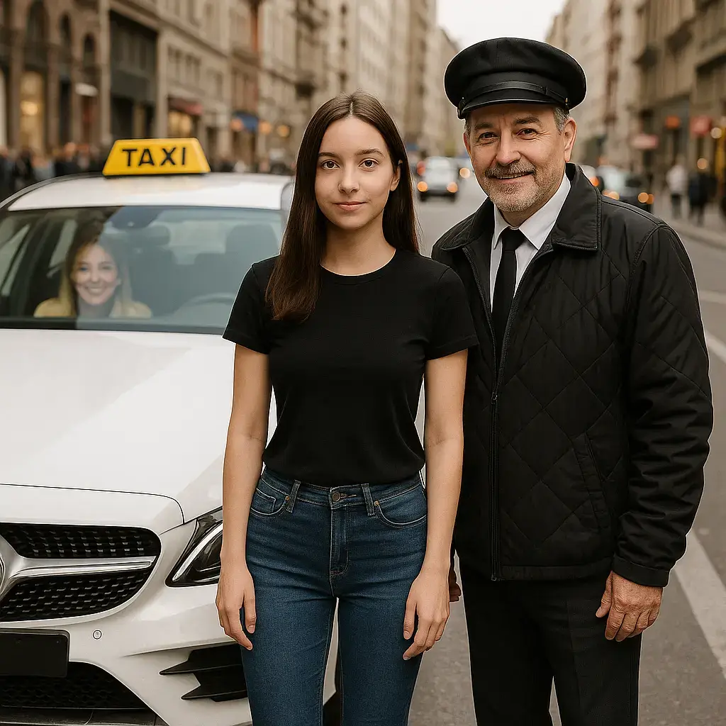 girl standing for taxi naar airport