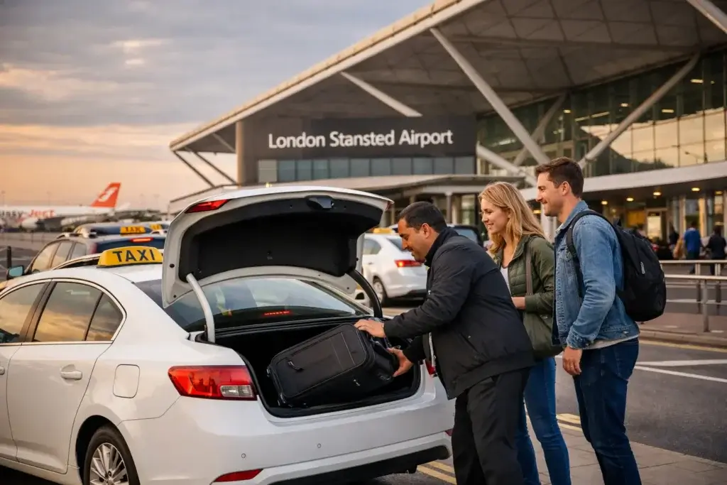 passangers put their luggage in cab at stansted airport taxi car parking